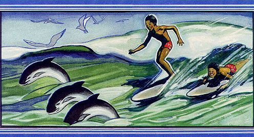 Illustration from One Day with Manu: boys surfing with dolphins